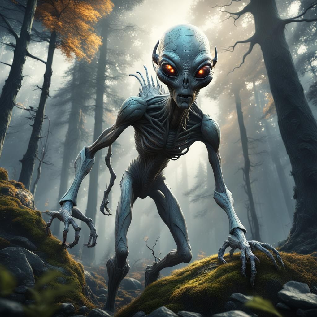 Grey Alien Creature in Forest: Detailed Matte Painting
