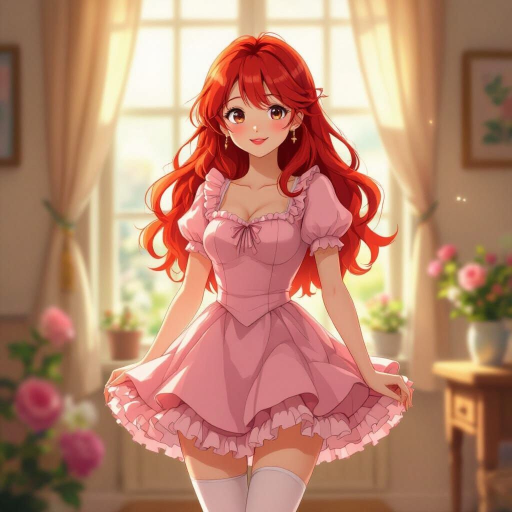 Anime Girl in Pink Dress and Stockings