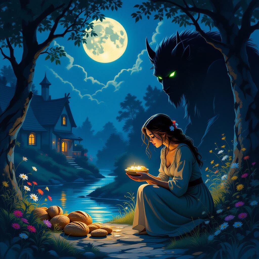 Woman's Gratitude to Protective Beastman in Moonlit Village