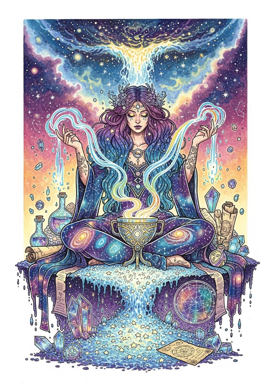 Cosmic Enchantress Conjuring Stardust in High-Fantasy Style