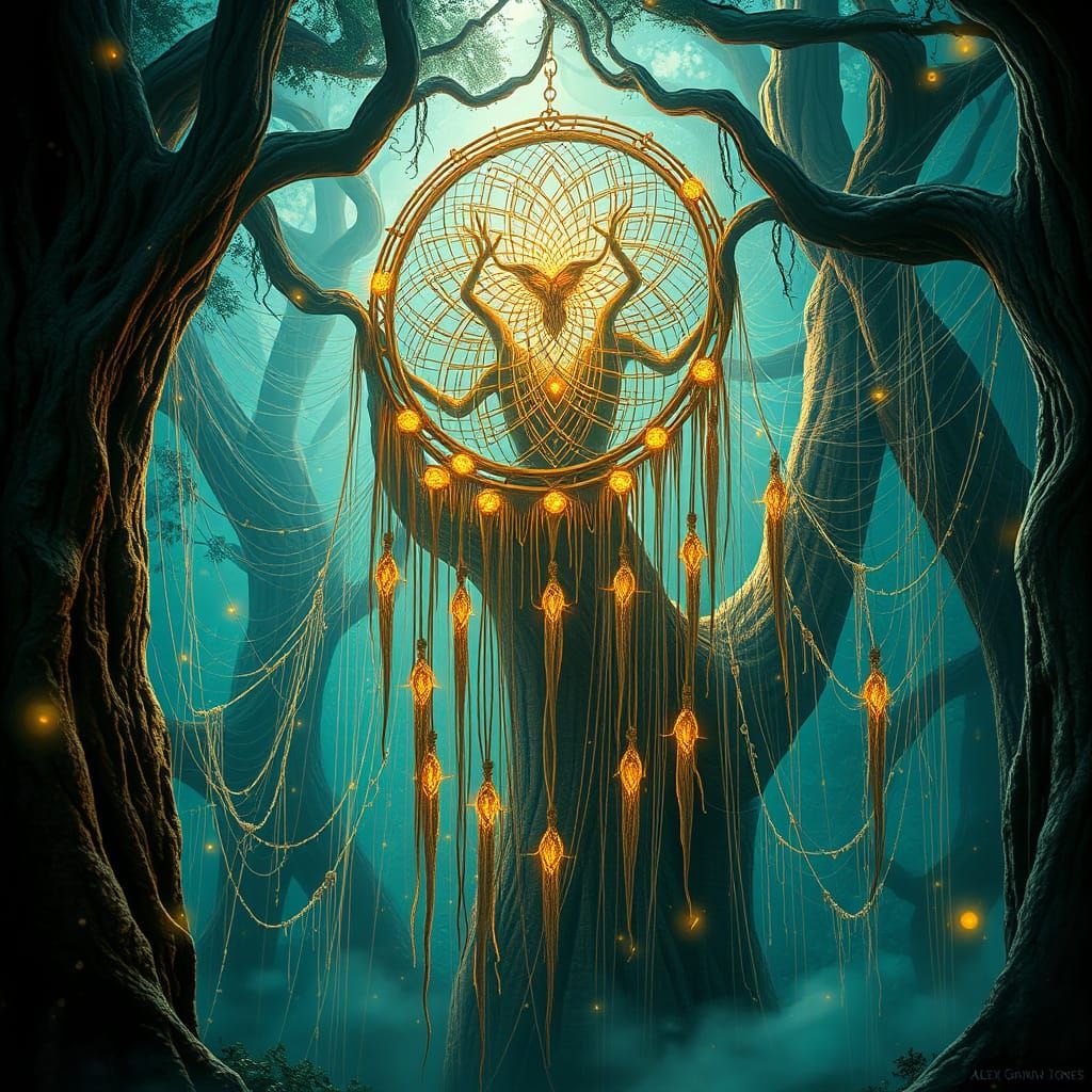 Mystical Forest Spirit Weaves Glowing Dreamcatcher Webs
