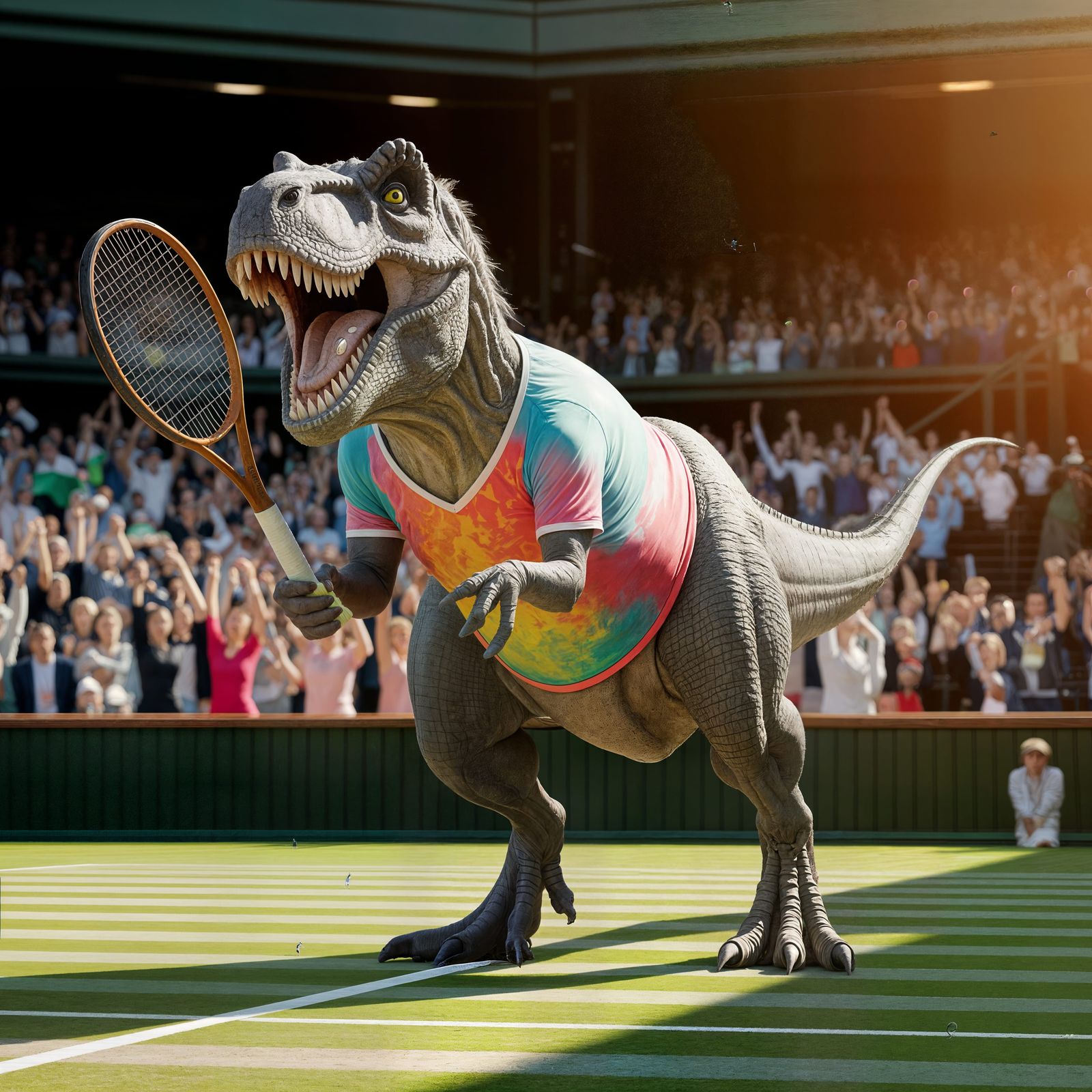 T-Rex Plays Tennis at Wimbledon: Digital Art