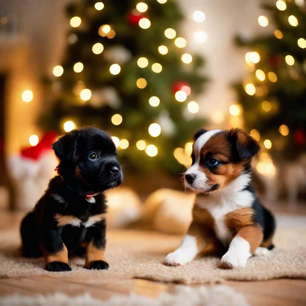 Playful Christmas Puppies in Cozy Living Room