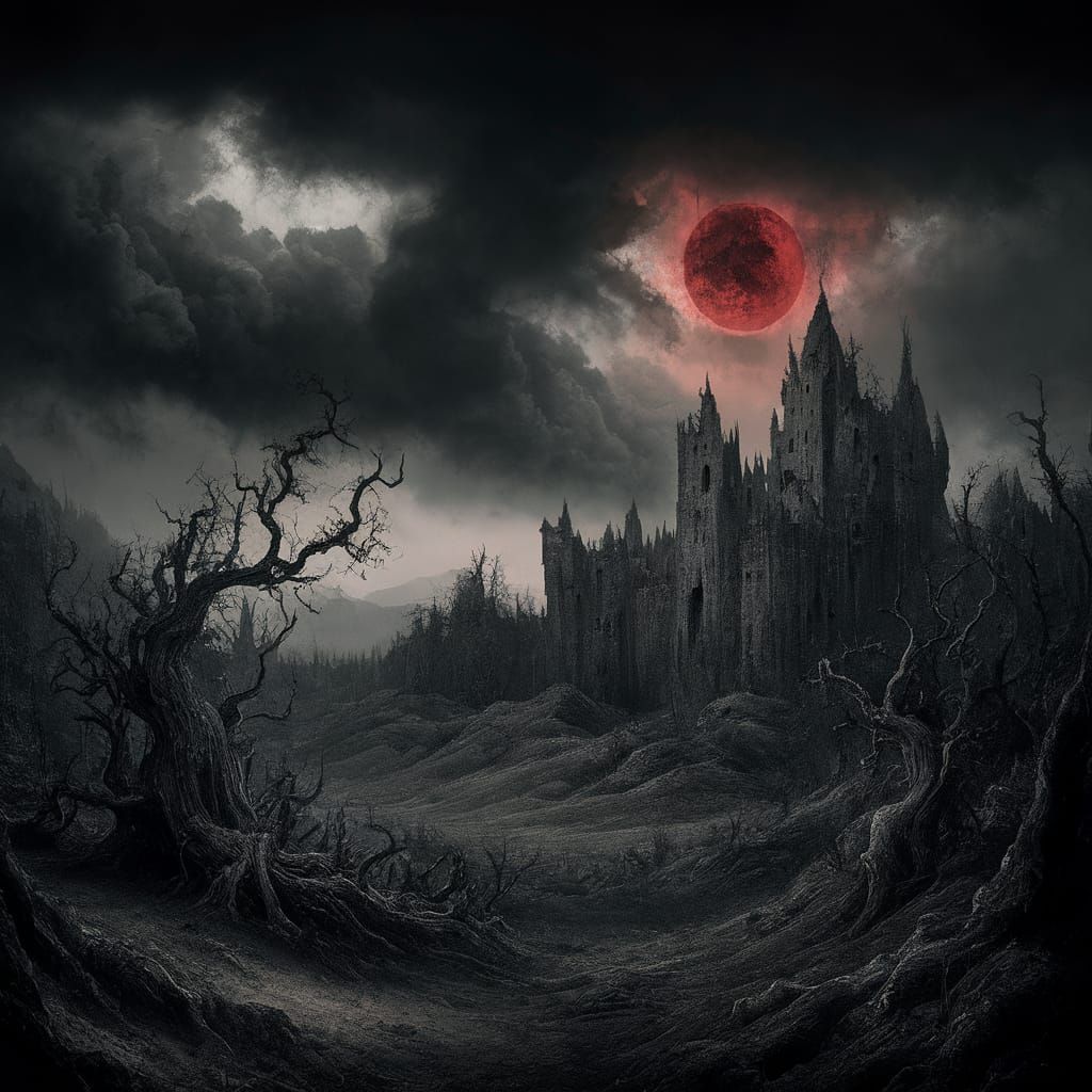 Sinister Landscape with Red Moon, Dark Fantasy Art
