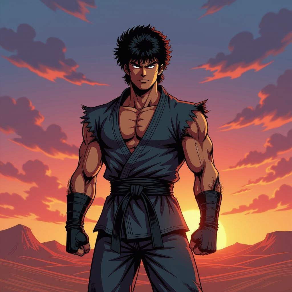 Kenshiro in Desert Sunset, Manga Art Style