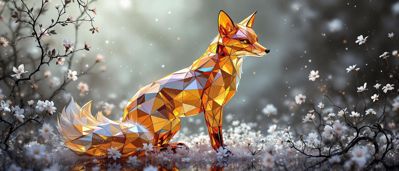 Glass Fox in Golden-Red Geometric Splendor