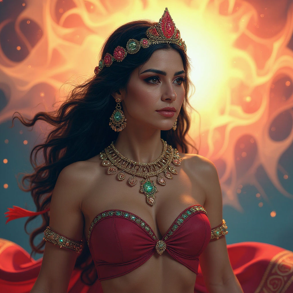 Goddess Dancing Under Cosmic Firelight in Folk Art Style