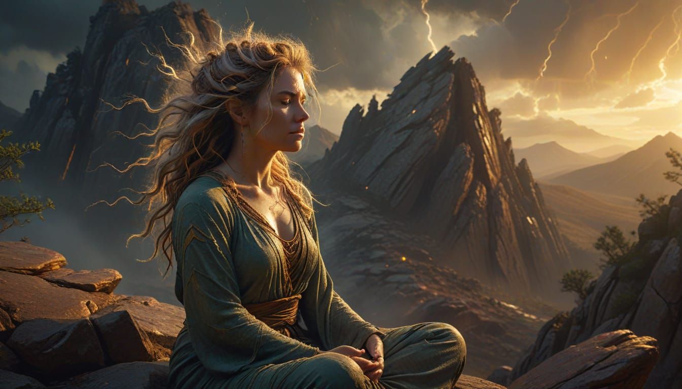 Wild-Haired Woman Meditating Peacefully Amidst Ethereal Ener...