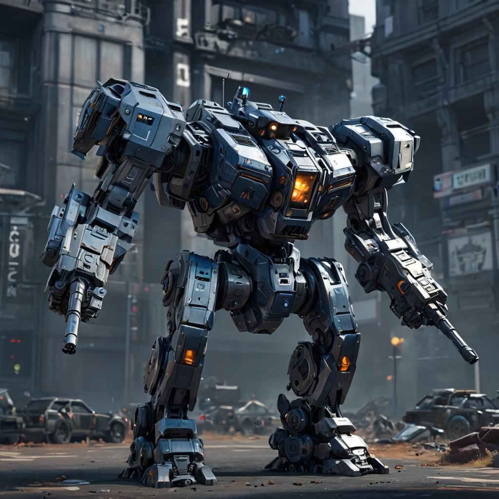 Futuristic Police Mecha with Guns in Sci-Fi City