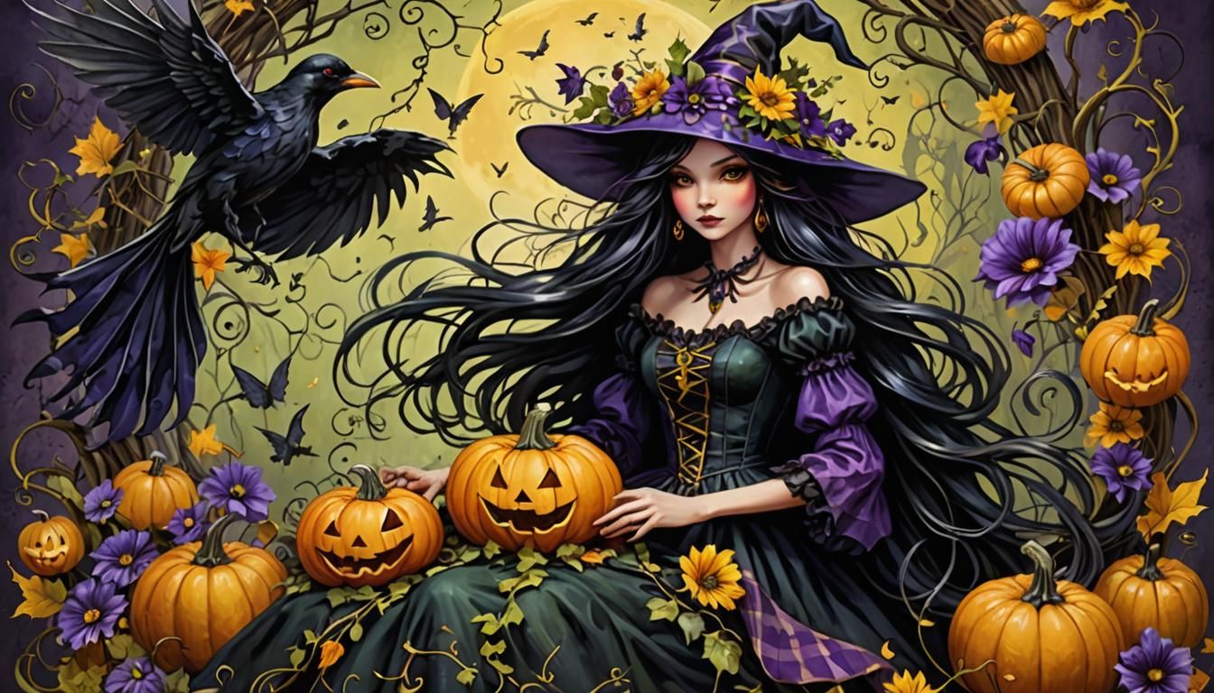 Beautiful Fairy Witch with Raven on Pumpkin