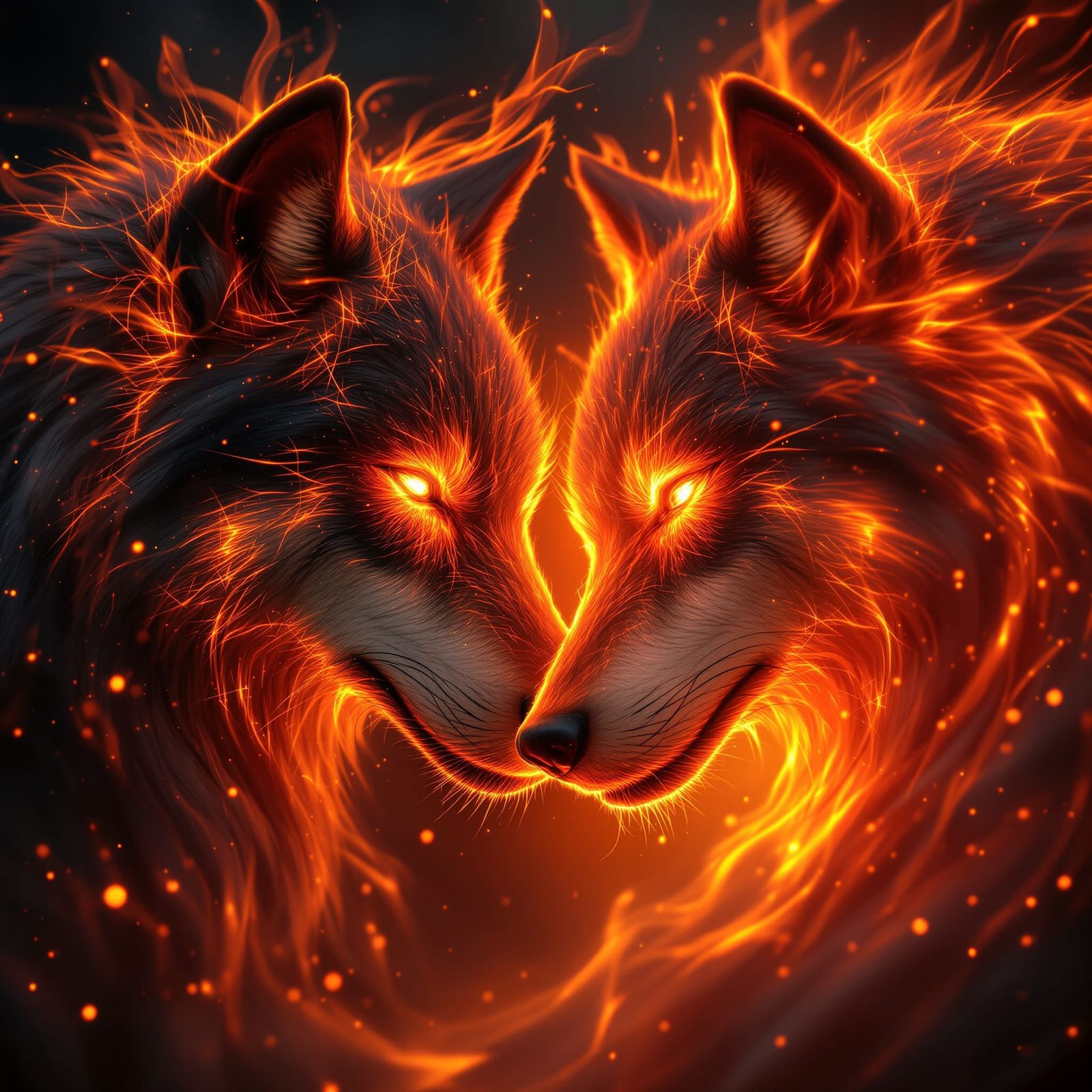 Fiery Wolf Couple Nuzzling, Realistic Flames