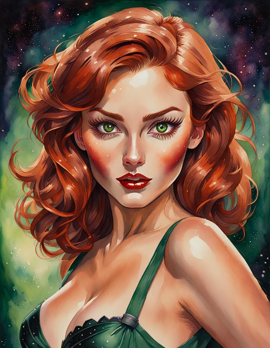 Watercolor Portrait of Redhead in Witch Costume