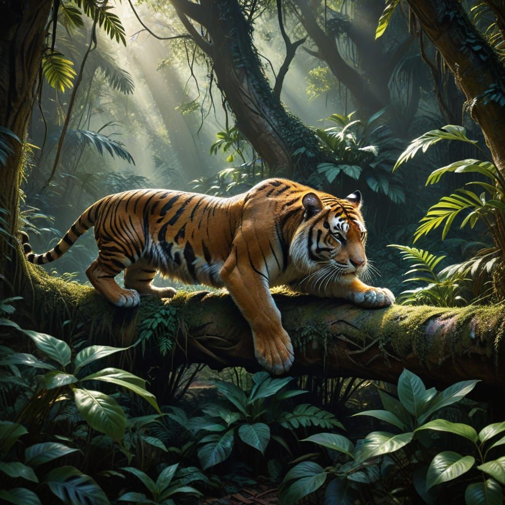 Tiger Stalking Prey in Jungle Foliage as Oil Painting