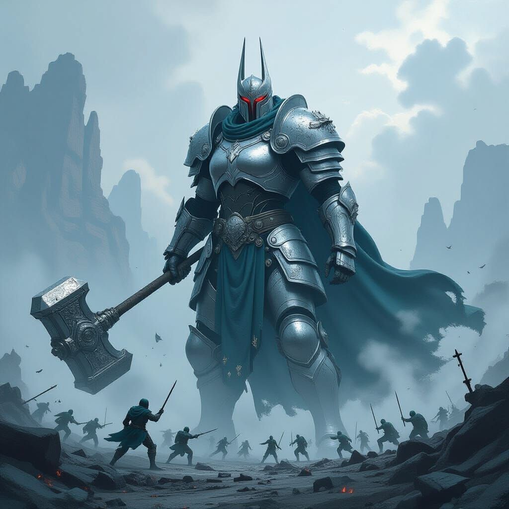 Giantess Warrior Surveys Dystopian Battlefield