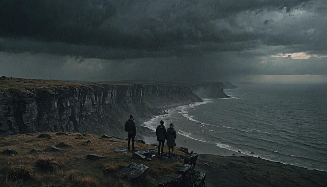 Couple on Crumbling Cliff in Stormy Cinematic Landscape
