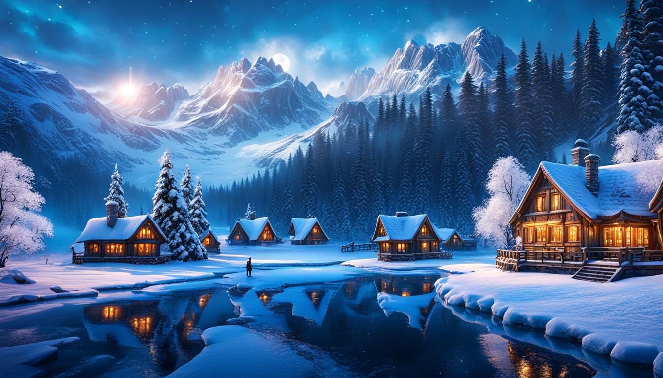 Girl Ice Skating in Winter Wonderland Landscape