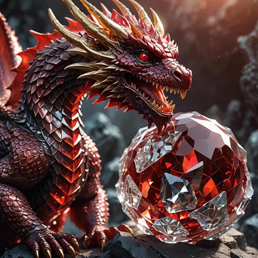 Red Crystal Dragon Holding a Crystal Egg