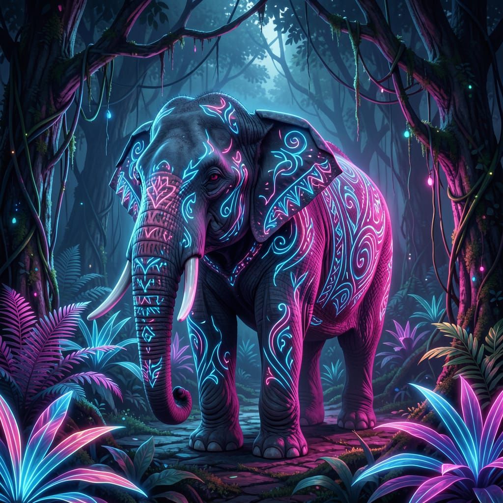 Neon Tattooed Elephant in Mystical Jungle Clearing