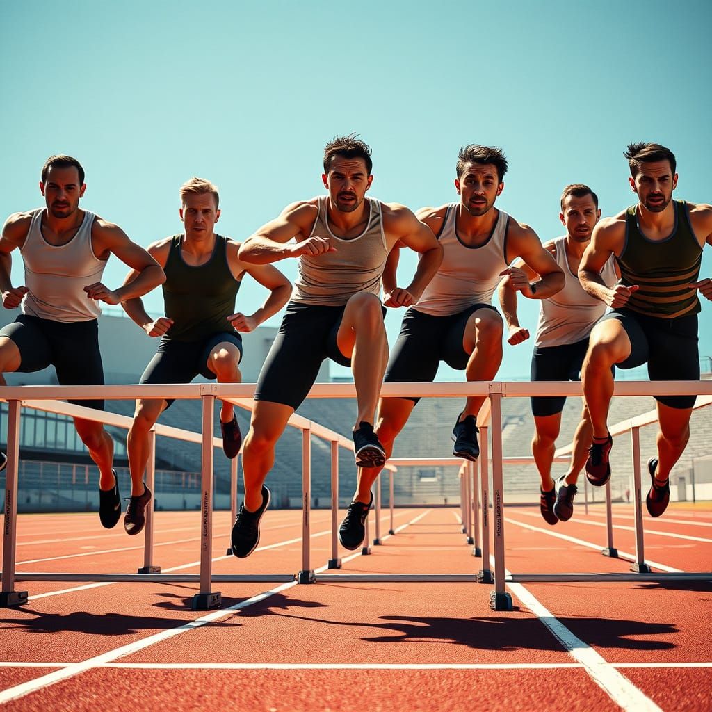 Muscular Athletes Leaping Over Hurdles in High-Energy Sprint