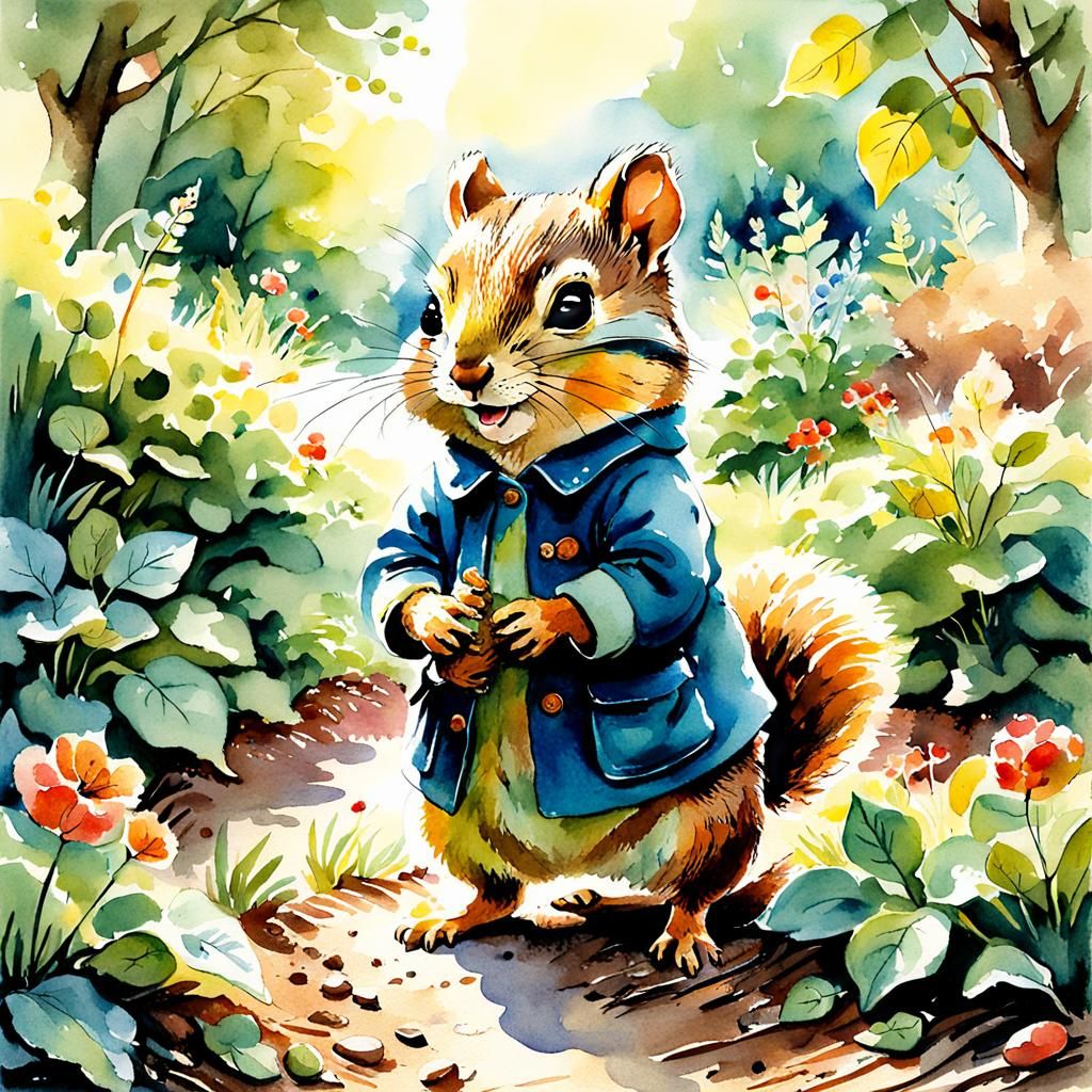 Chipmunk Gardener in Beatrix Potter Style