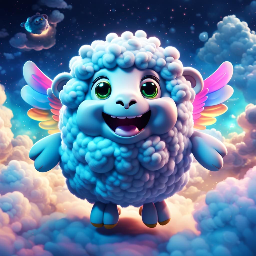Laughing Sheep Angel in Sparkling Clouds