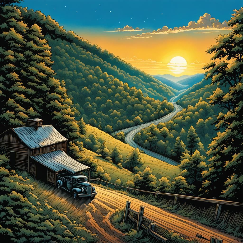 West Virginia Country Roads in Comic Book Art Style