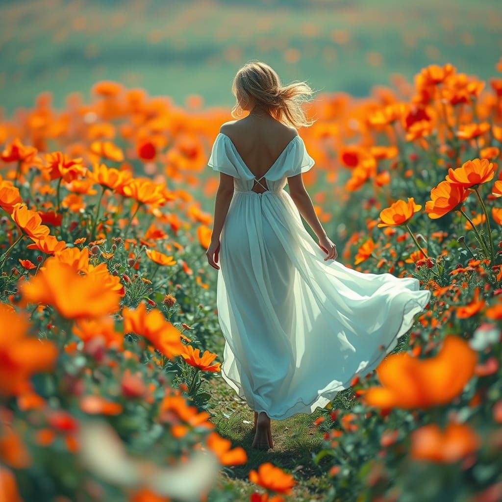 Ethereal Woman Amidst Vibrant Floral Fields
