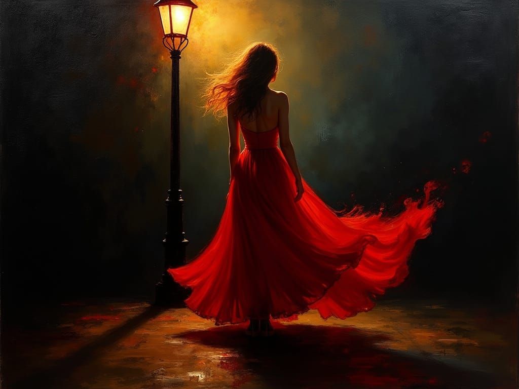 A woman in a flowing red dress