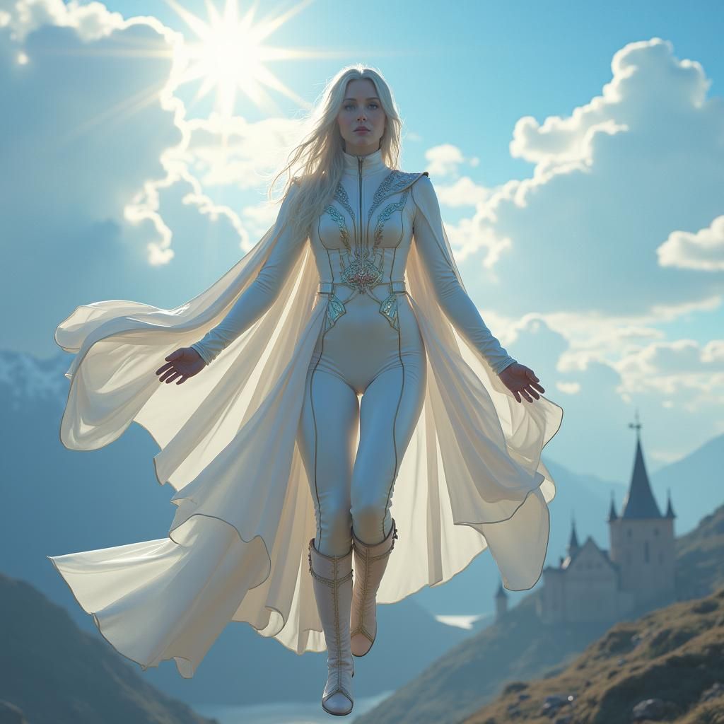 Snow White Soaring Above Battlefield in Digital Art Style