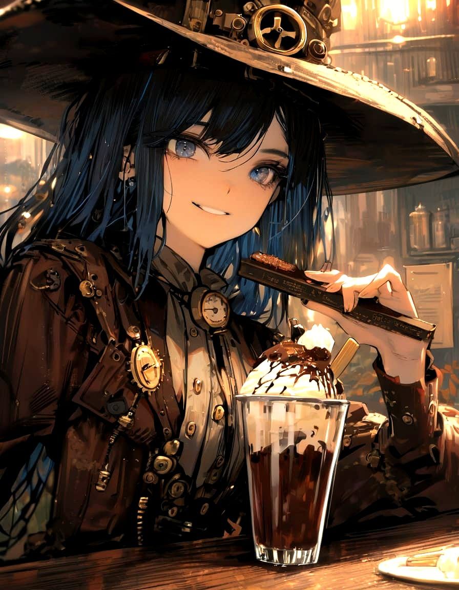Steampunk Girl Savoring Chocolate Ice Cream on Autumn Evenin...
