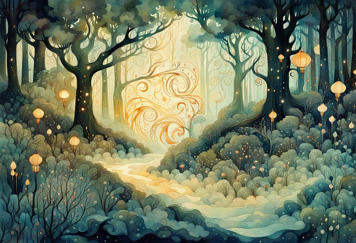 Mystical Enchanted Forest at Night in Watercolor