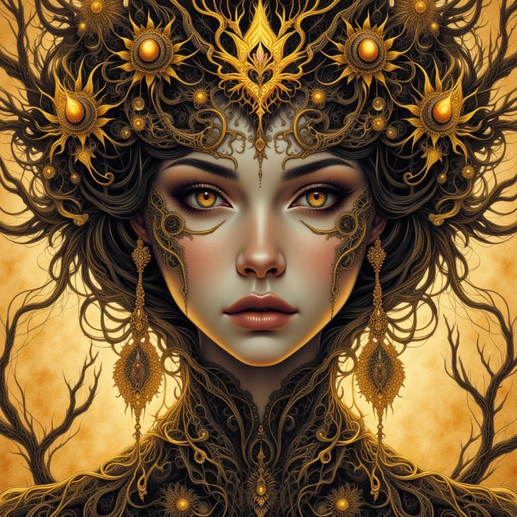 Ethereal Female Portrait in Filigree, Ink Texture