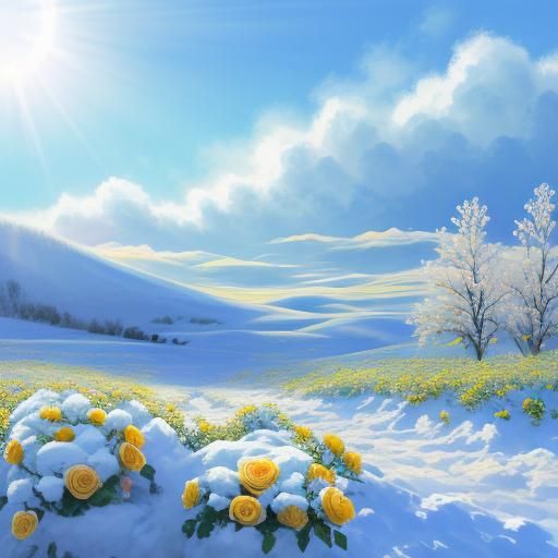Roses Blooming in Snow Under Pastel Sky