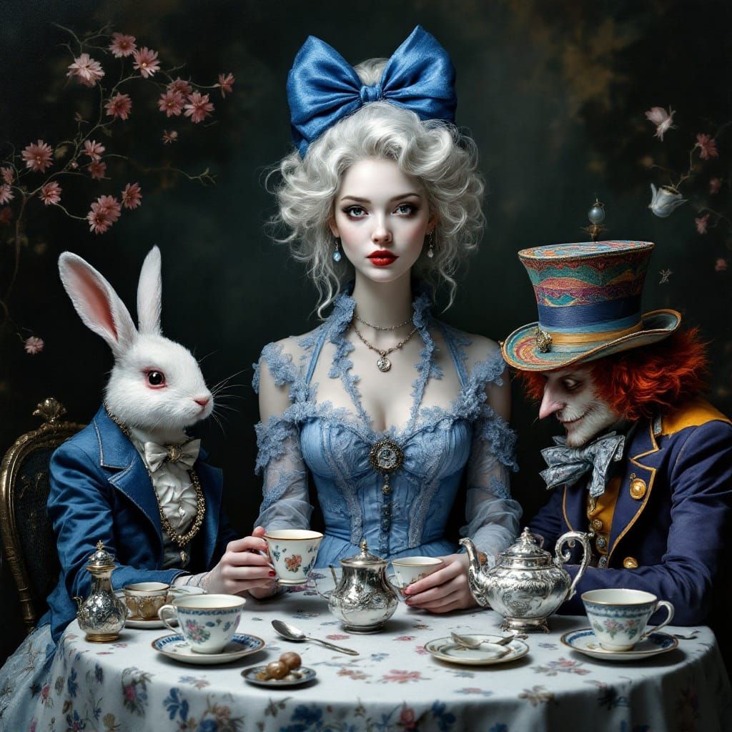 Whimsical Victorian Tea Party Scene in Muted Colors