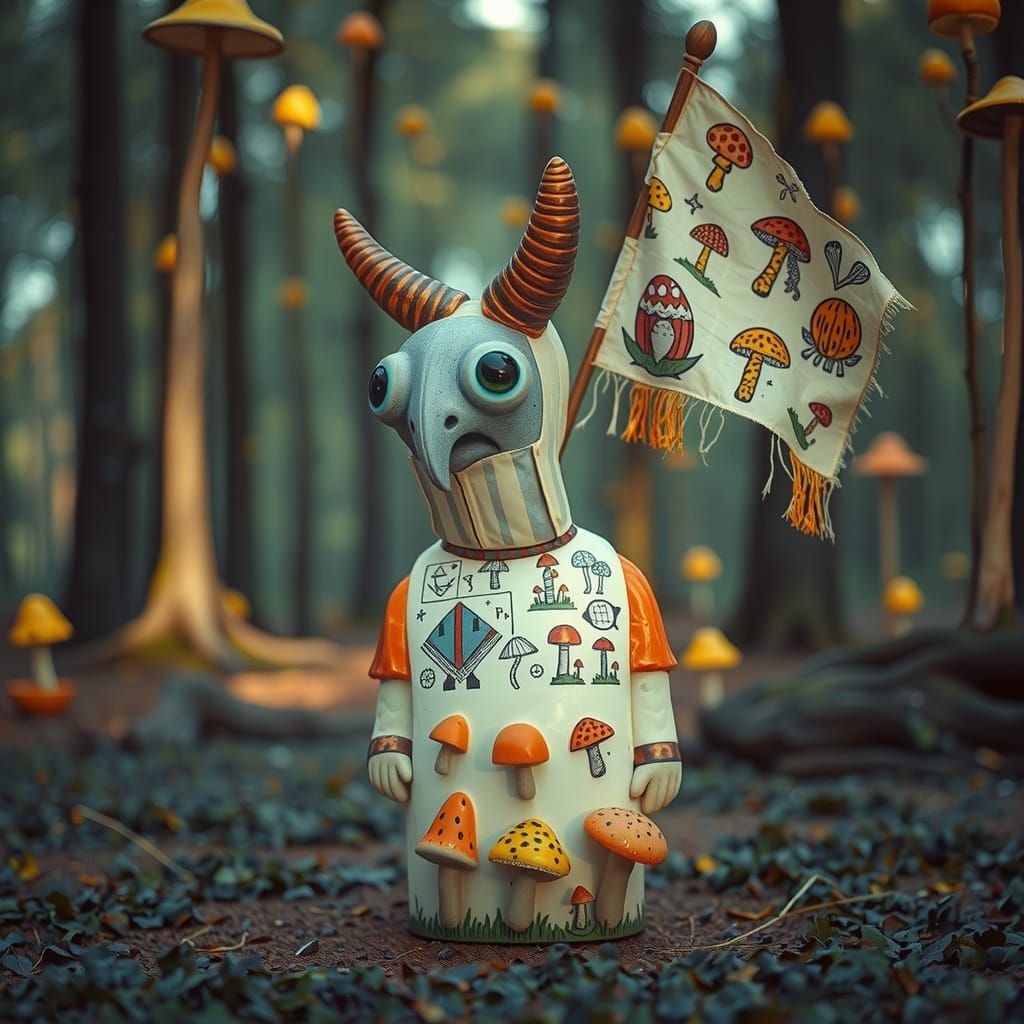 Surreal Hermit in Whimsical Mushroom Habitat