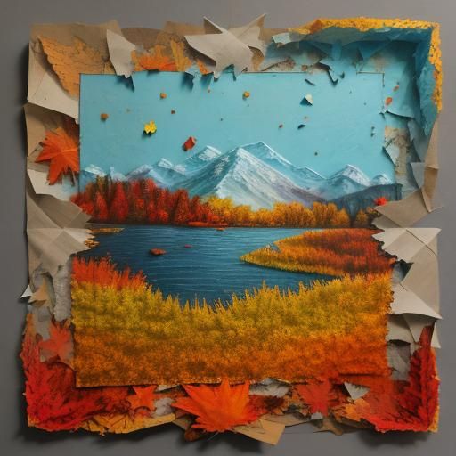 torn paper collage art, 3D - impression of autumn ragr, red,...