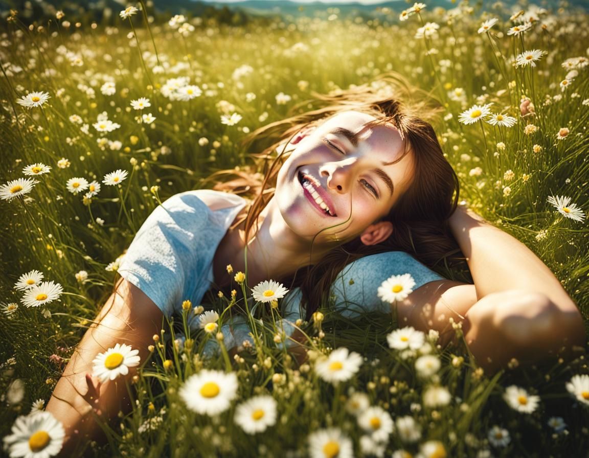 Girl Lies in Flower Meadow, Photorealistic Portrait