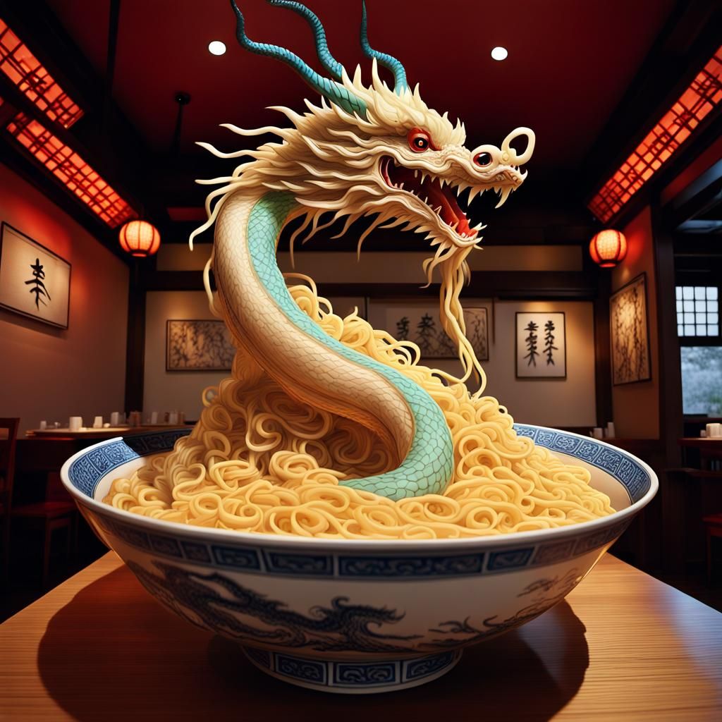 Noodle Dragon Emerges from Steaming Ramen Bowl