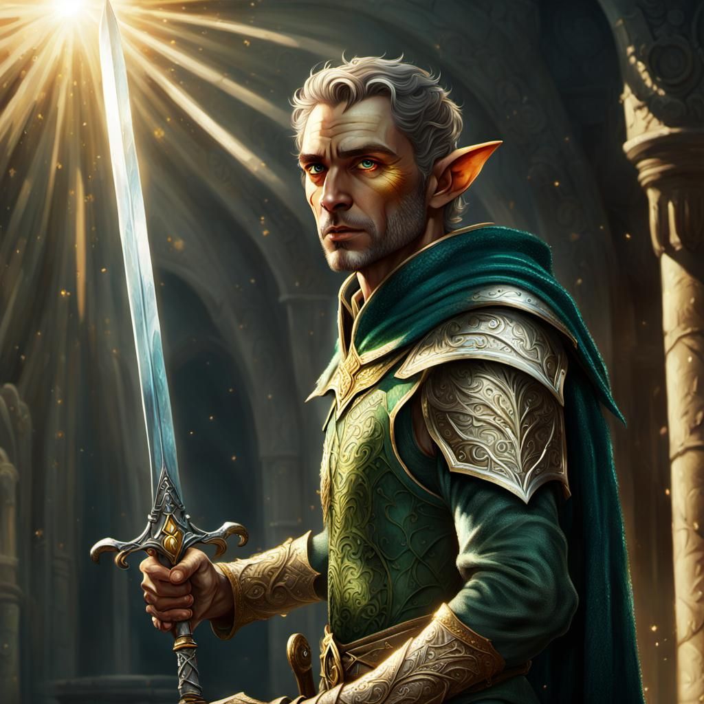 Elf with Sparkling Sword in Golden Light