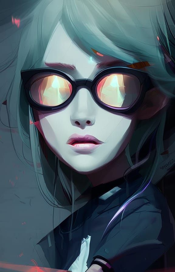 Cute Girl with Grey Hair in Synthwave Style