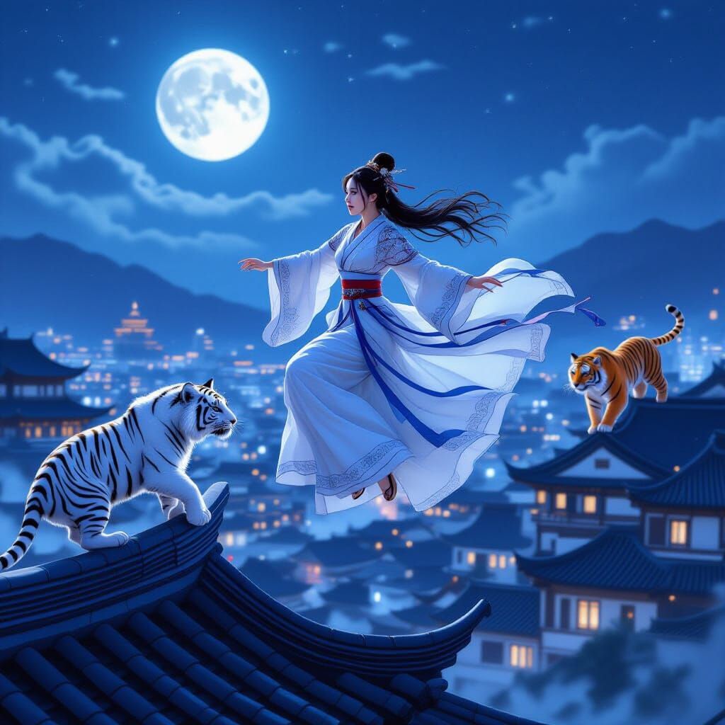 Woman in Hanfu Leaps Over City with Tigers