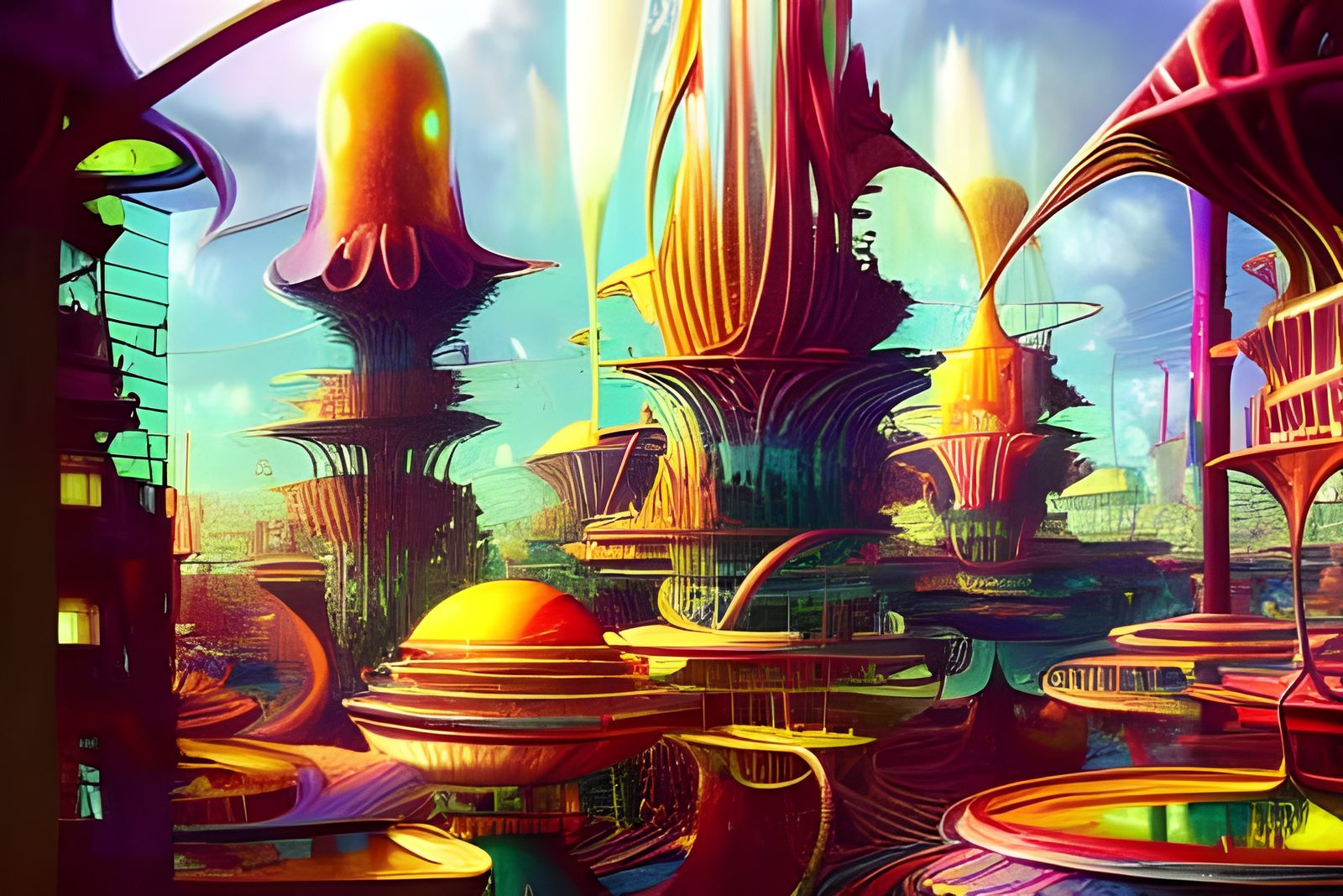 Retro-Futuristic Biomorphic City in Stained Glass Style