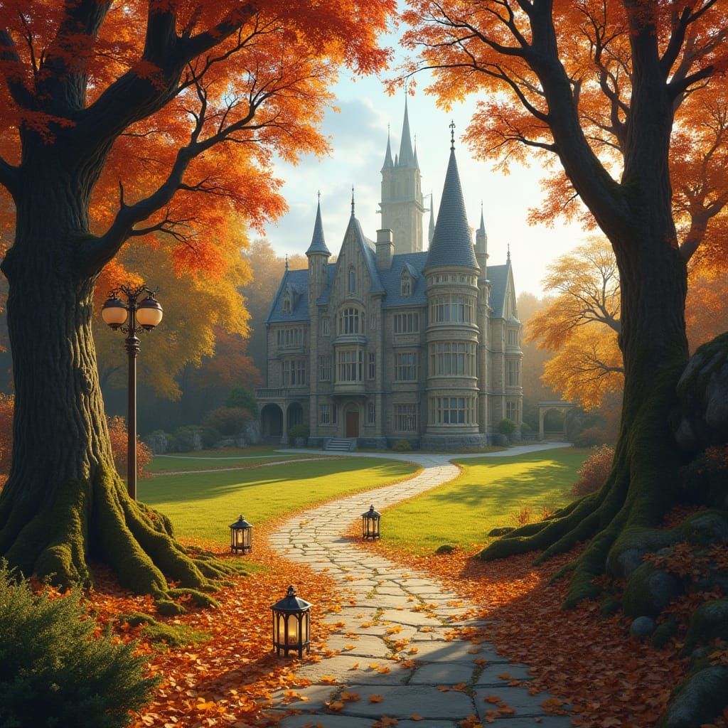 Autumnal Wizard Academy Grounds in Whimsical Style