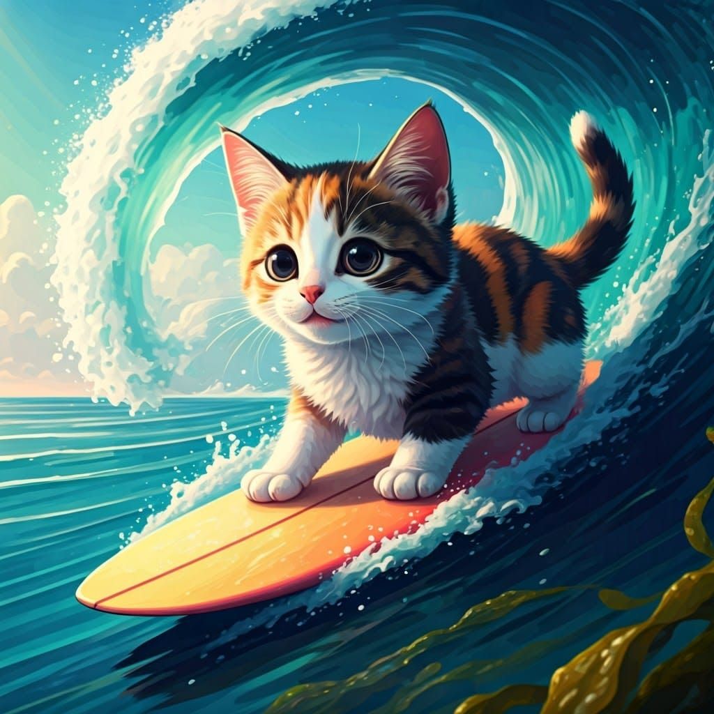 Vibrant Calico Kitten Riding Surfboard in Whimsical Anime St...