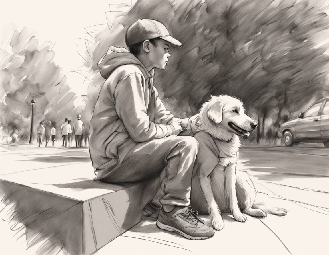 Boy and Dog Sketch in Dynamic Park Scene