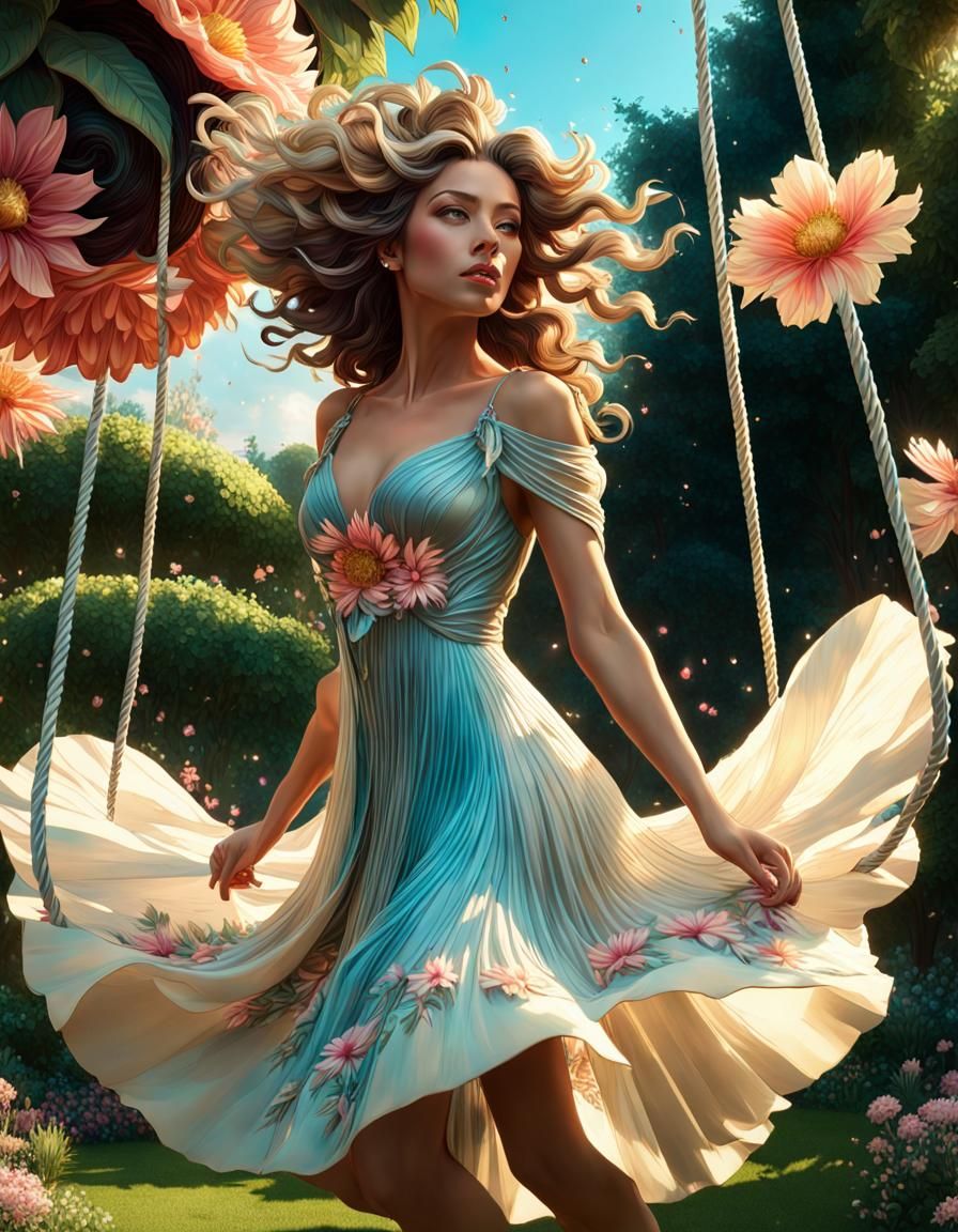 Surreal Garden: Woman on Gravity-Defying Flower Swing