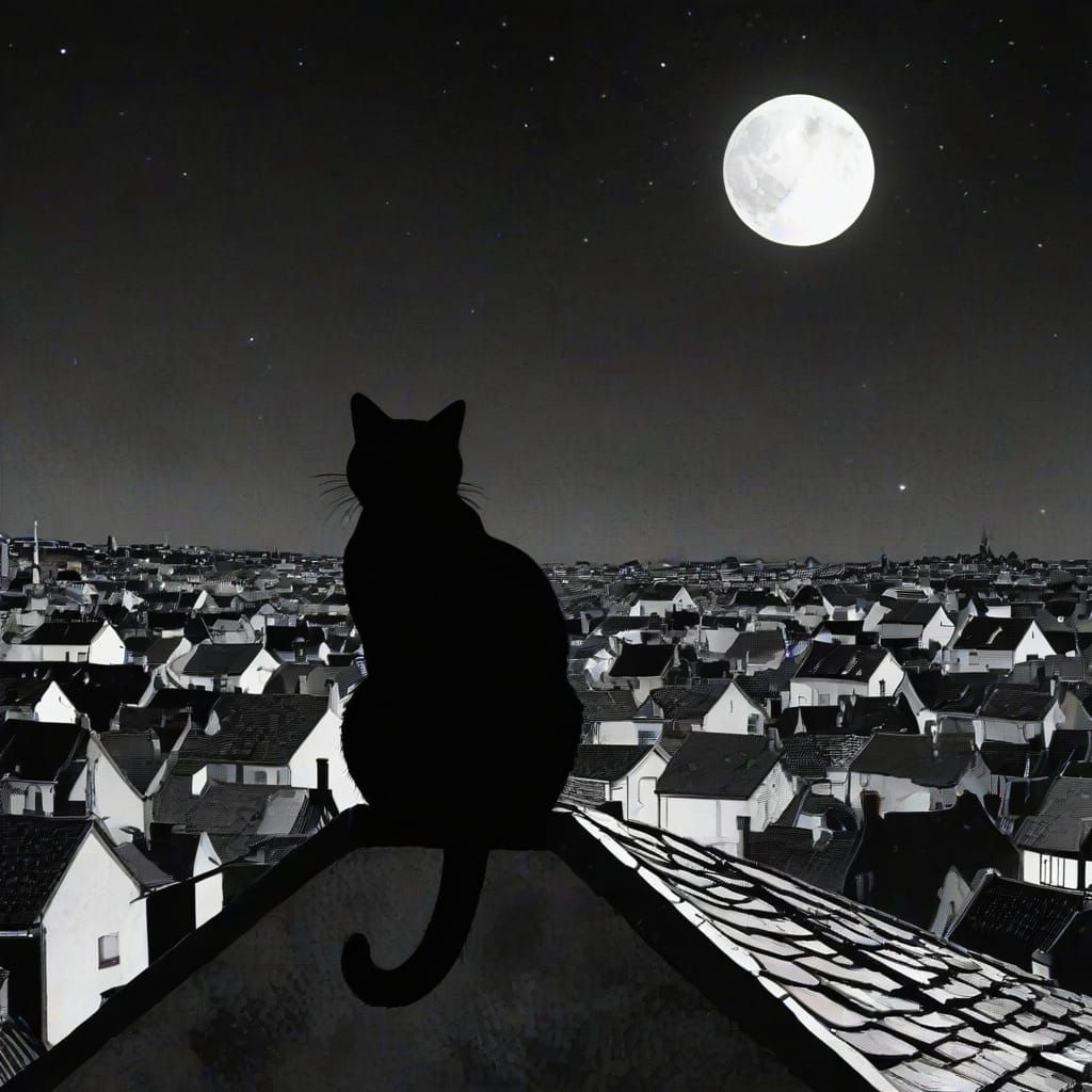 Black Cat Leaping on Starry Roofs