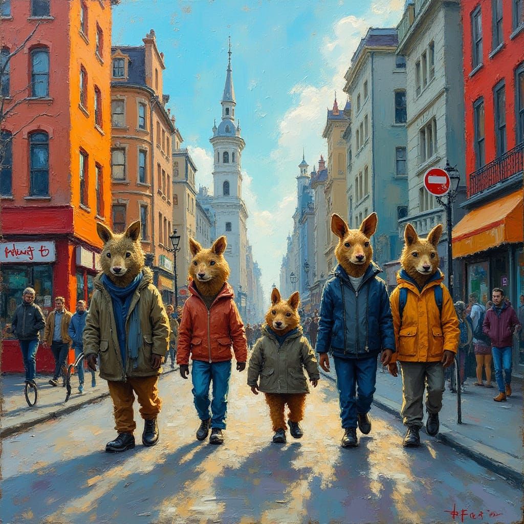 Foxes in Human Attire in Neo-Impressionist Cityscape