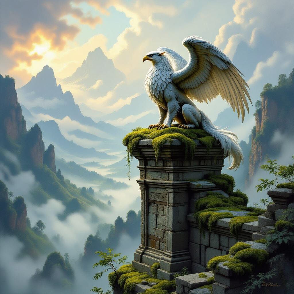 Majestic Griffin atop Ancient Ruins in Fantasy Oil Painting ...