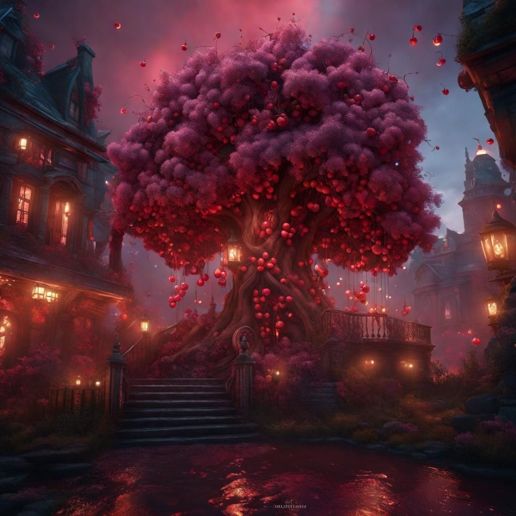 Cherry Bourbon Drink in Detailed Matte Painting Style